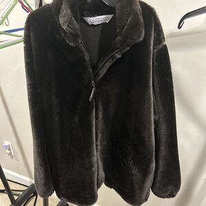 Faux Fur Teddy Coat Womens Small Horse Equestrian Embossed Graphic Made Canada